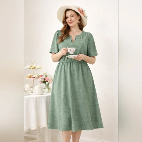 BloomChic Size 26 Sage Green Midi Dress Pintuck V-Neck Plus Size Spring - Picture 1 of 7
